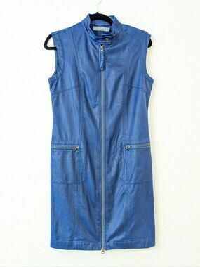 209wst38 Blue faux leather moto style zippered dress